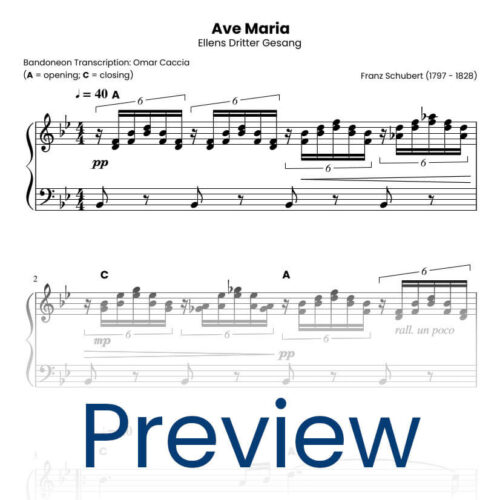 Preview for the score "Ave Maria" by Franz Schubert, bandoneon version.