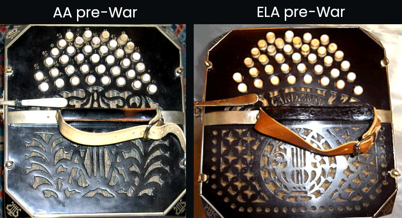 Pre-War bandoneons: note the very elaborated inlays. The bandoneon price of these instruments is around $4,000 for a bandoneon ready to play.