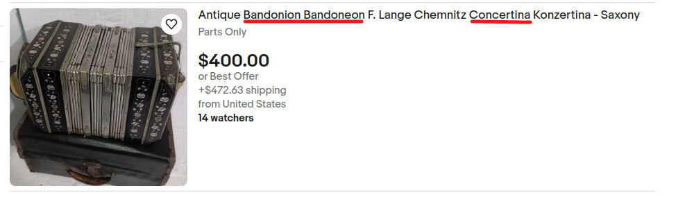 Example of German Concertina sold as bandoneon/concertina on a famous marketplace. People who don't know the difference can be confused by the interesting bandoneon price.