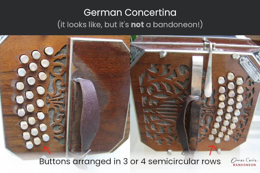 Example of German Concertina: it's different from a bandoneon. Note the keyboards: the buttons are arranged in 3 or 4 semicircular rows.