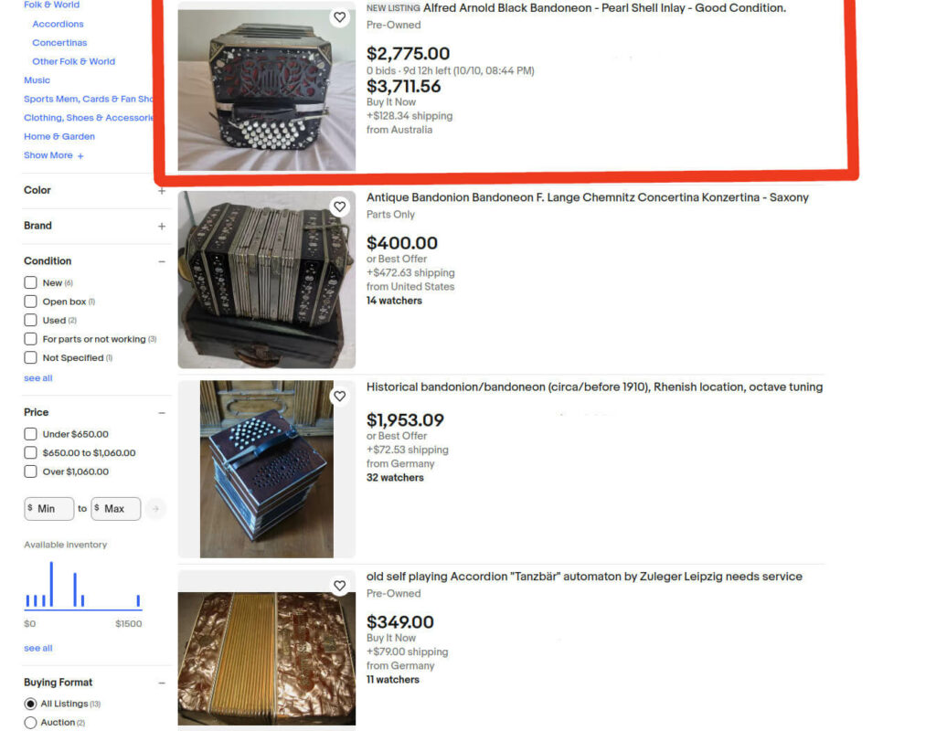 Results page for the search "bandoneon" on a Marketplace. Just the first one is a 142 bandoneon.