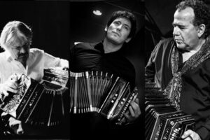 An image composition representing 3 important chromatic bandoneon players: Olivier Manoury, Lysandre Donoso, Richard Galliano.